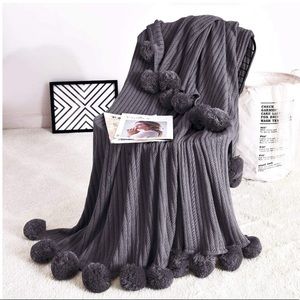 Trendy Dark Grey Pompom Fringe Chic Cozy Soft Throw Blanket/Cover Dorm/Bedroom